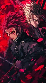 Bilateral katana duelists in crimson particulate vortex field.