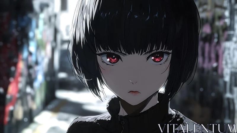 Short haired anime figure with red eyes in narrow alleyway.