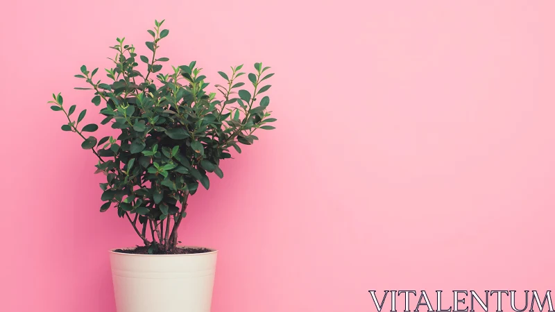 Potted evergreen shrub against uniform pink chromatic backdrop.