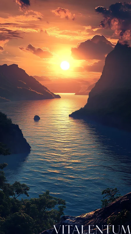 Vertical digital seascape at sunset between dramatic cliffs.