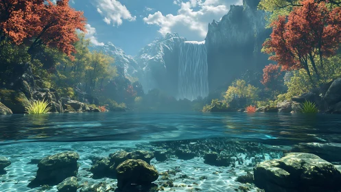 Calm lake with clear water and distant mountain waterfall.