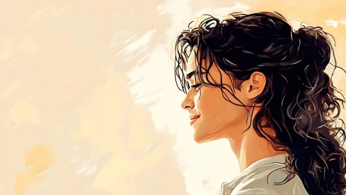 Sunlit profile of a serene dreamer in soft peach whispers.