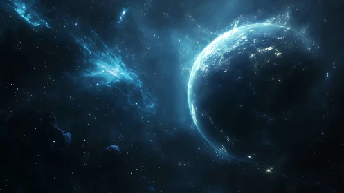 Luminous blue planet emerging from nebulous cosmic shadows.