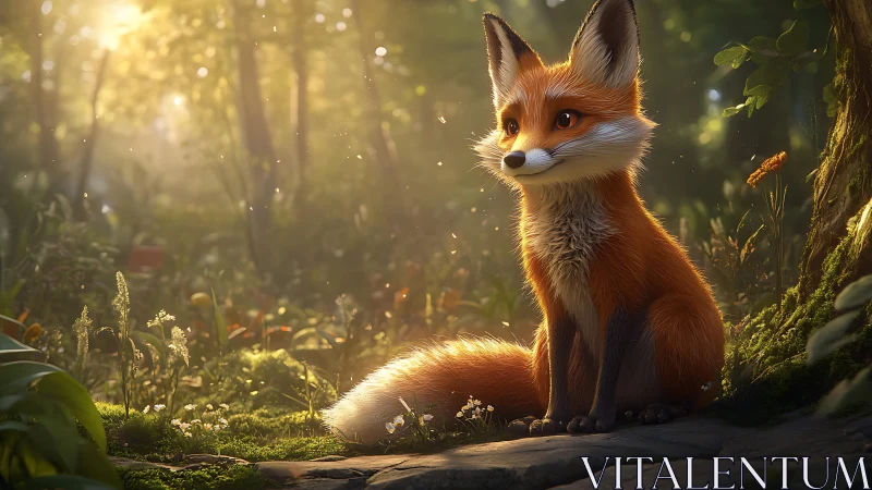 Juvenile fox rendered in soft backlit forest digital painting