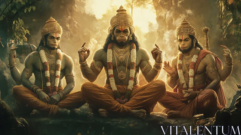 Triptych of meditative Hanuman figures in ornate forest shrine