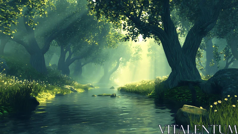 Luminescent Forest Grove Where Sunlight Dances on Water.
