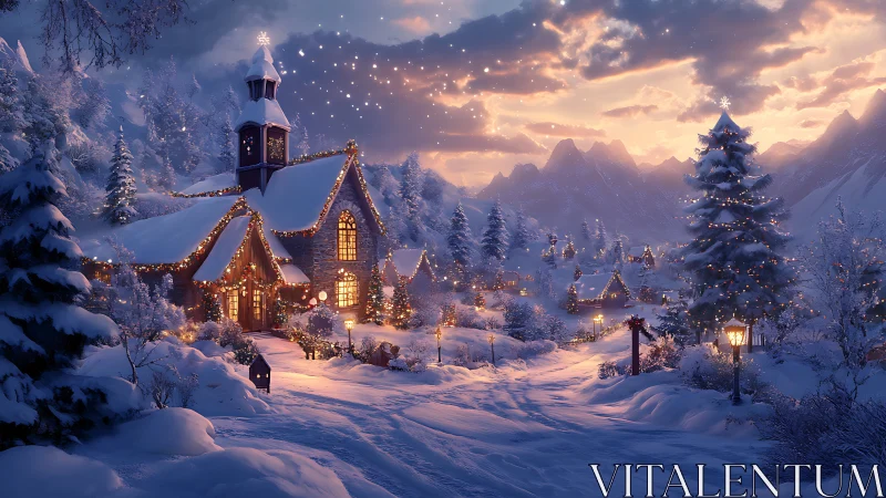 Snowy mountain village with lit church at winter dusk.