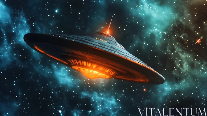 Disc-shaped spacecraft travels through dense star field