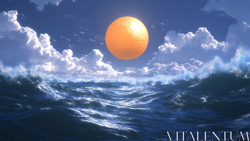 Citrus sun rising over mythic waves in a dream-bright sea.