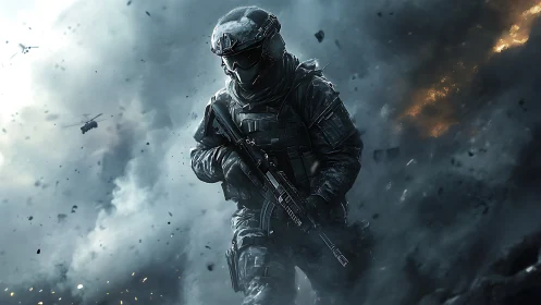 Armored soldier advances through explosive urban battlefield.