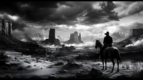 Lone cowboy surveys stormy monochrome canyon frontier.