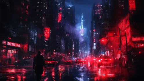 Rain-soaked cyberpunk avenue renders neon depth and volumetric haze