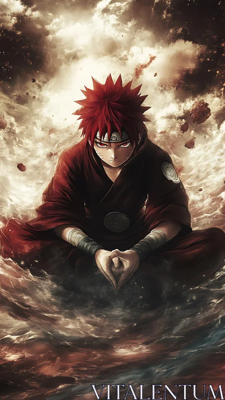 Meditative red-haired warrior amid turbulent elemental vortex.