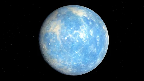 Icy blue planet glows against a deep black starfield backdrop.