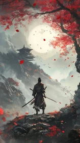 Samurai figure on rocky cliff under large pale moon.