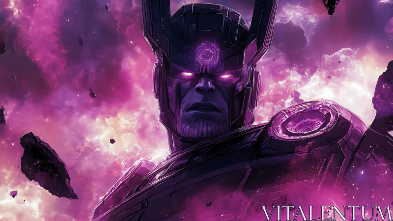 Cosmic giant glows with stormy violet nebula power.