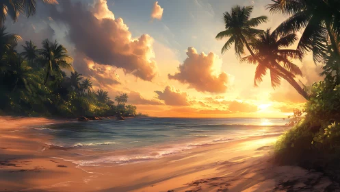 Sunlit tropical shoreline uses warm rim lighting and deep cloud volume