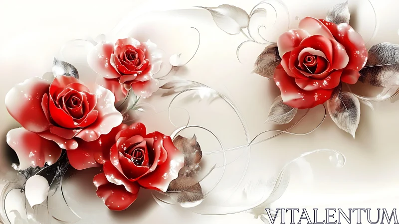 Crimson Blooms Dance: Ethereal Roses in Dimensional Swirls.