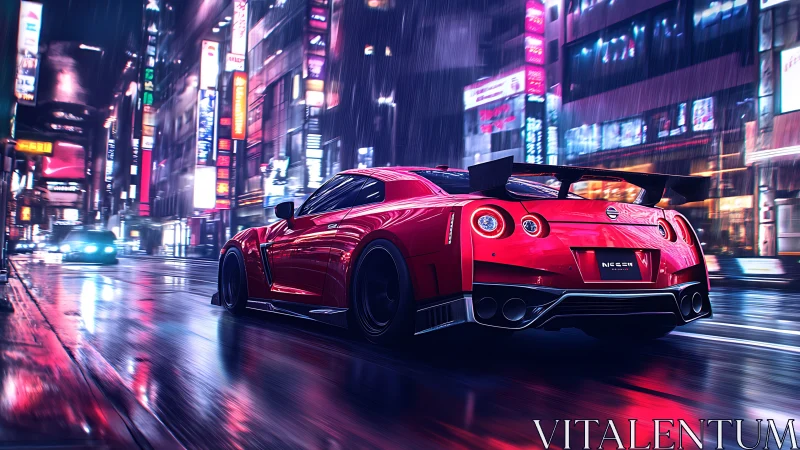 Red sports car speeding through neon city street at night.