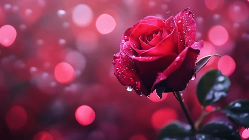 Deep Red Rose with Dewdrops Against Bokeh.