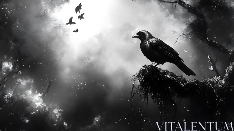 Crow perched on moss-covered stone with flying birds.