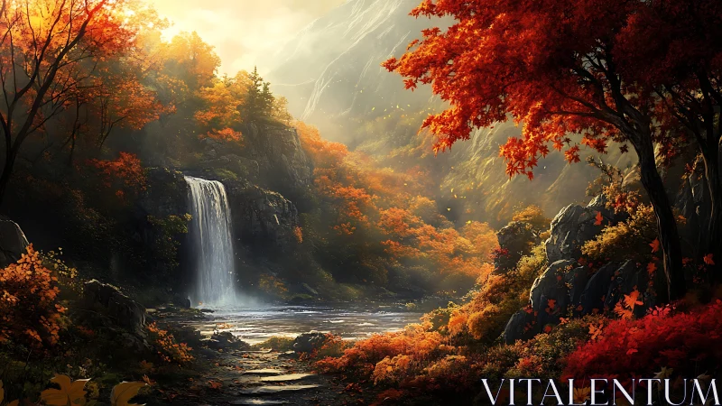 Autumn forest valley with waterfall and river under sunlight.
