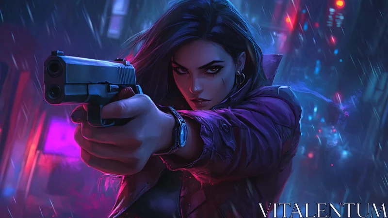 Cyber-noir heroine aims handgun under neon rain