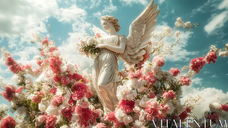 Winged marble angel amid dense pink and white floral canopy