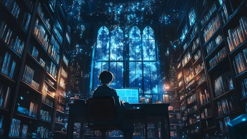 Digital painting of nocturnal library workstation interior.