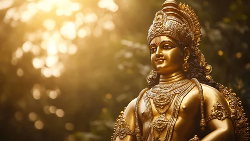 Gilded Hindu deity sculpture under directional backlit sun.
