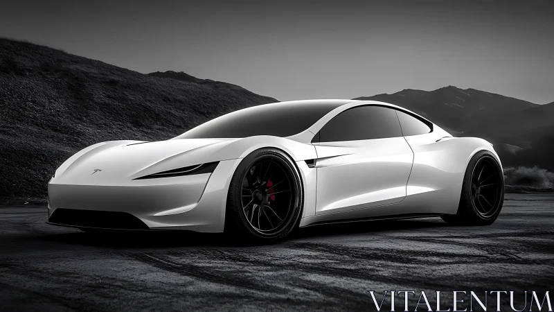 Electric performance coupé in monochrome mountain landscape.