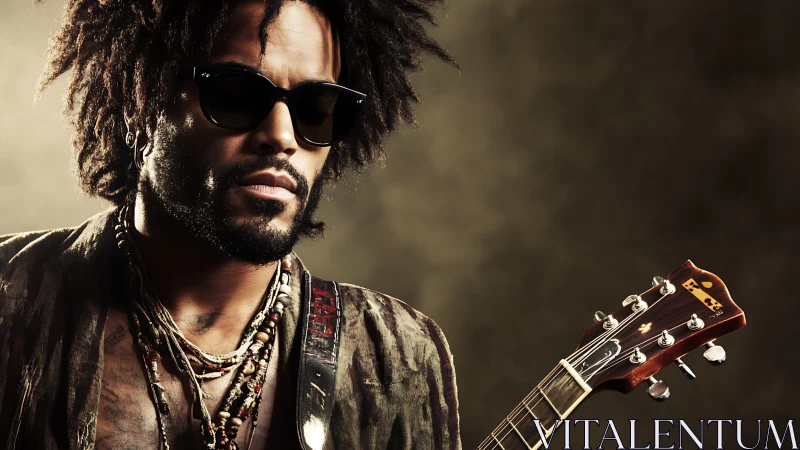 Rock guitarist in sunglasses holds guitar under studio glow.