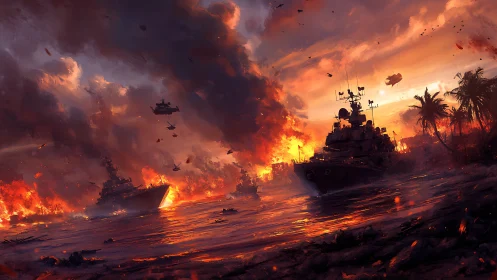 War-torn tropic inlet blazing under apocalyptic sunset skies.