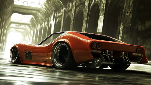 Retro rocket coupe idling in a cathedral of concrete speed.