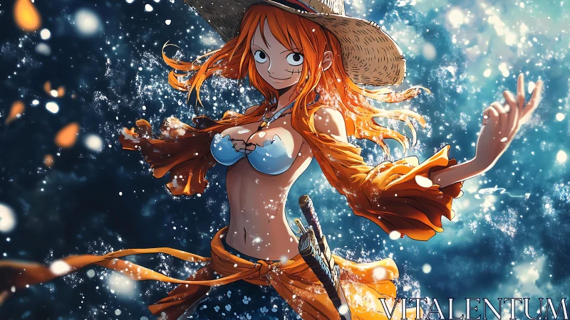 Sunlit anime sailor enjoying sparkling ocean freedom.