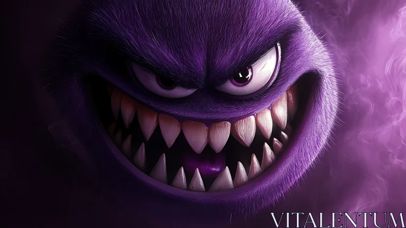 Purple furry monster face shows sharp teeth and wicked grin