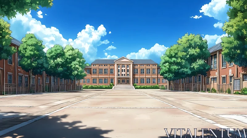 Symmetrical brick school courtyard under vivid midday sky