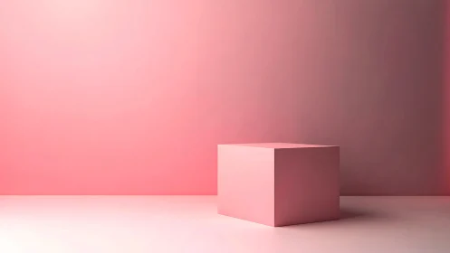 Minimalist pink cube in soft gradient studio space.