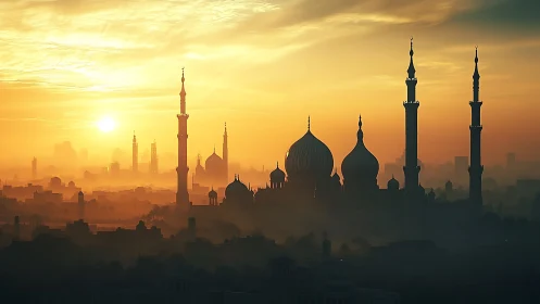 Golden sunrise over domed mosque skyline in soft haze.