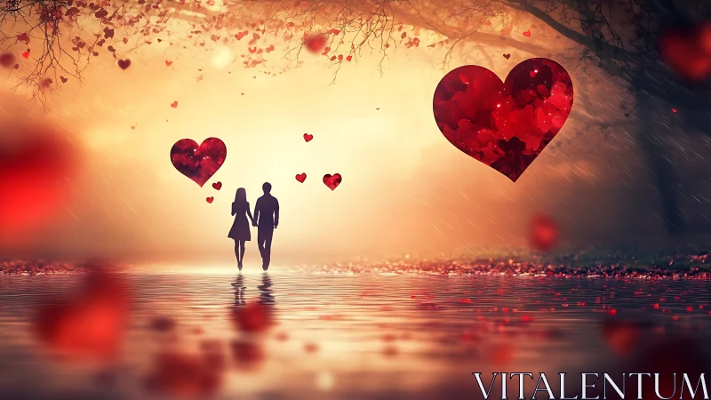 Couple Walking Through Glowing Hearts in Dreamscape
