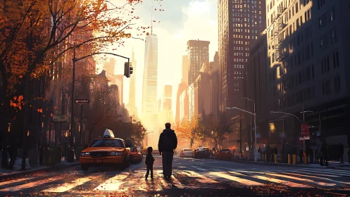 Autumn city street with backlit father and child crossing.