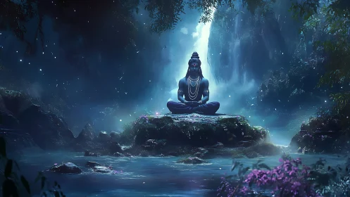 Meditating blue deity on mossy river islet beneath misted falls.