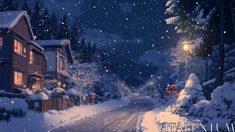 Snow-covered residential street is depicted under night sky