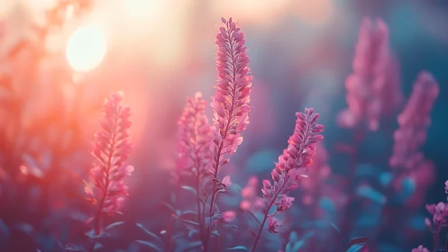 Pink Flowers Glowing in Golden Sunset Light Through Misty Bloom