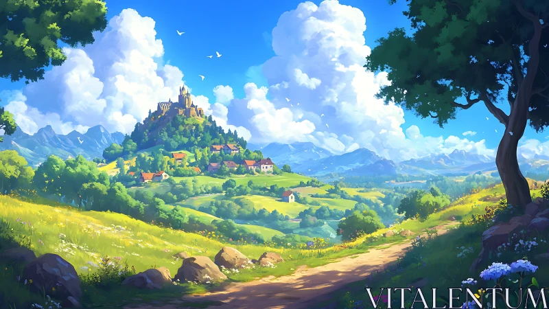 Hilltop castle overlooks bright rural valley and winding path