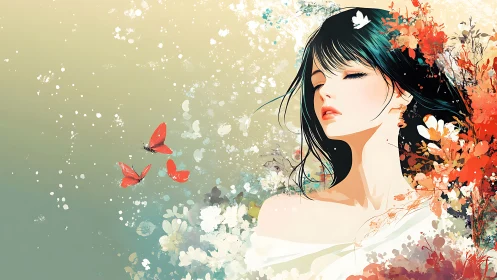 Serene woman in floral abstraction with red butterflies.