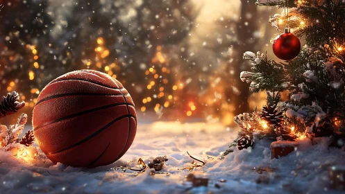 Snowy basketball rests beside a glowing Christmas tree