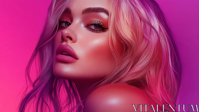 Neon-lit beauty portrait with glossy skin and magenta gradients.