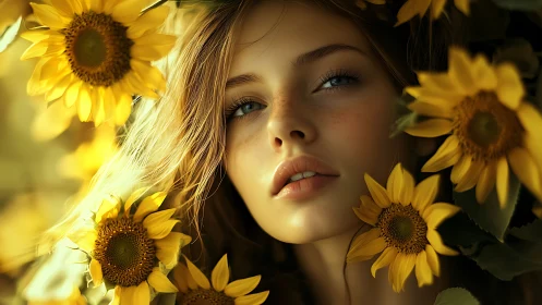 Sunlit close-up portrait integrates soft bokeh and sunflower framing