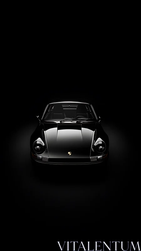 Low-key front elevation of glossy black sports coupe silhouette.